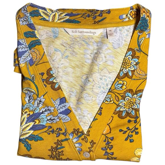 SOFT SURROUNDINGS Lorna Button Front Top Size 1X Golden Floral Long Sleeve Boho - Picture 16 of 16